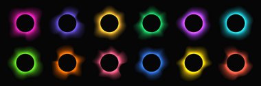 Circle illuminate frame with gradient. Big set of round neon banners isolated on black background. Vector illustration