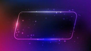 Neon yuvarlak paralelkenarlı çerçeve, parlak efektler ve koyu mor arka planda parıltılar. Boş parlayan tekno fon. Vektör illüstrasyonu