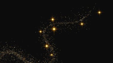 Altın parıldayan konfeti dalgası ve yıldız tozu. Koyu arkaplanda altın sihirli parıltılar olan üç fon seti. Vektör illüstrasyonu