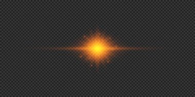 Lens fişeklerinin ışık etkisi. Gri şeffaf arkaplanda parıldayan turuncu yatay ışık patlaması efekti. Vektör illüstrasyonu