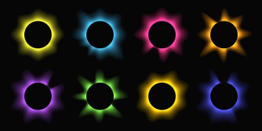 Circle illuminate frame with gradient. Set of eight round neon banners isolated on black background. Vector illustration