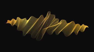 Karanlık arka planda lüks altın dalgaları olan soyut bir fon. Modern teknoloji arka planı, dalga tasarımı. Vektör illüstrasyonu