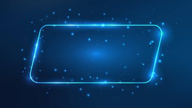 Neon yuvarlak paralelkenarlı çerçeve, parlak efektler ve koyu mavi arka planda parıltılar. Boş parlayan tekno fon. Vektör illüstrasyonu