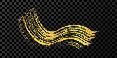 Altın dalgalı grunge fırça darbesi. Boyalı mürekkep şeridi. Mürekkep lekesi koyu şeffaf arkaplanda izole edilmiş. Vektör illüstrasyonu