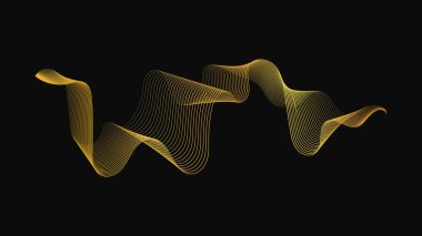 Karanlık arka planda lüks altın dalgaları olan soyut bir fon. Modern teknoloji arka planı, dalga tasarımı. Vektör illüstrasyonu