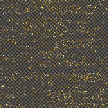Gold glittering dust on a gray transparent background. Dust with gold glitter effect and empty space for your text.  Vector illustration
