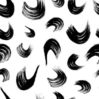 Seamless pattern with black wavy grunge brush strokes in abstract shapes on white background. Vector illustration