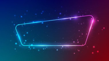 Neon yuvarlak çerçeve, parlak efektler ve koyu mor arka planda parıltılar. Boş parlayan tekno fon. Vektör illüstrasyonu