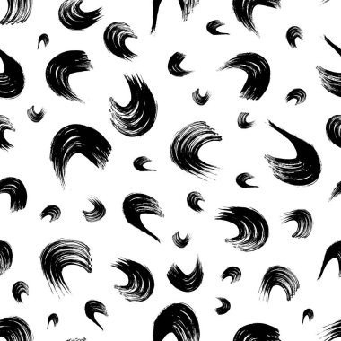 Seamless pattern with black wavy grunge brush strokes in abstract shapes on white background. Vector illustration