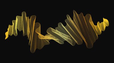 Karanlık arka planda lüks altın dalgaları olan soyut bir fon. Modern teknoloji arka planı, dalga tasarımı. Vektör illüstrasyonu