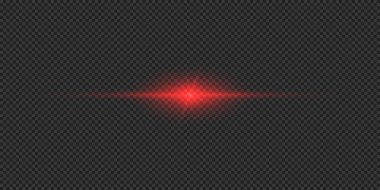 Lens fişeklerinin ışık etkisi. Gri şeffaf arkaplanda parıldayan kırmızı yatay ışık patlaması efekti. Vektör illüstrasyonu
