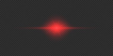Lens fişeklerinin ışık etkisi. Gri şeffaf arkaplanda parıldayan kırmızı yatay ışık patlaması efekti. Vektör illüstrasyonu