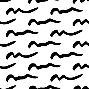 Seamless pattern with black wavy grunge brush strokes in abstract shapes on white background. Vector illustration