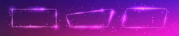 Set Three Neon Frames Shining Effects Sparkles Dark Purple Background — Stock Vector