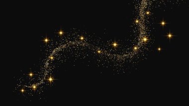 Altın parıldayan konfeti dalgası ve yıldız tozu. Koyu arkaplanda altın sihirli parıltılar olan üç fon seti. Vektör illüstrasyonu