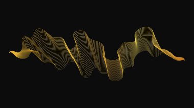 Karanlık arka planda lüks altın dalgaları olan soyut bir fon. Modern teknoloji arka planı, dalga tasarımı. Vektör illüstrasyonu