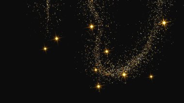 Altın parıldayan konfeti dalgası ve yıldız tozu. Koyu arkaplanda altın sihirli parıltılar olan üç fon seti. Vektör illüstrasyonu