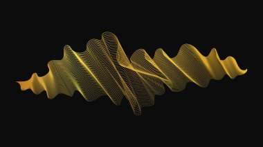 Karanlık arka planda lüks altın dalgaları olan soyut bir fon. Modern teknoloji arka planı, dalga tasarımı. Vektör illüstrasyonu