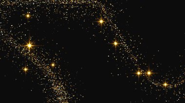 Altın parıldayan konfeti dalgası ve yıldız tozu. Koyu arkaplanda altın sihirli parıltılar olan üç fon seti. Vektör illüstrasyonu