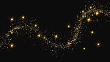 Altın parıldayan konfeti dalgası ve yıldız tozu. Koyu arkaplanda altın sihirli parıltılar olan üç fon seti. Vektör illüstrasyonu