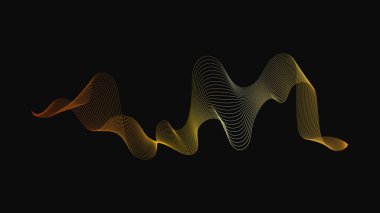 Karanlık arka planda lüks altın dalgaları olan soyut bir fon. Modern teknoloji arka planı, dalga tasarımı. Vektör illüstrasyonu