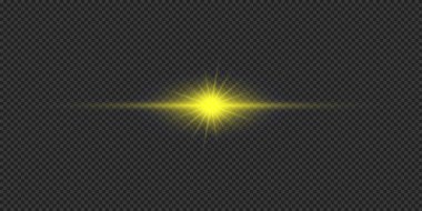 Lens fişeklerinin ışık etkisi. Gri şeffaf arkaplanda parıldayan sarı yatay ışık patlaması etkisi. Vektör illüstrasyonu