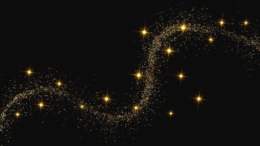 Altın parıldayan konfeti dalgası ve yıldız tozu. Koyu arkaplanda altın sihirli parıltılar olan üç fon seti. Vektör illüstrasyonu