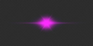 Lens fişeklerinin ışık etkisi. Mor yatay parlak ışık patlaması efekti. Gri şeffaf arkaplanda parıltılar var. Vektör illüstrasyonu