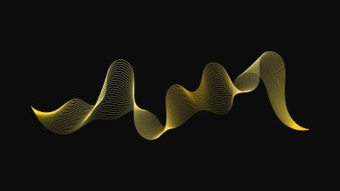 Karanlık arka planda lüks altın dalgaları olan soyut bir fon. Modern teknoloji arka planı, dalga tasarımı. Vektör illüstrasyonu