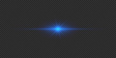 Lens fişeklerinin ışık etkisi. Gri şeffaf arkaplanda parıldayan mavi yatay ışık patlaması efekti. Vektör illüstrasyonu