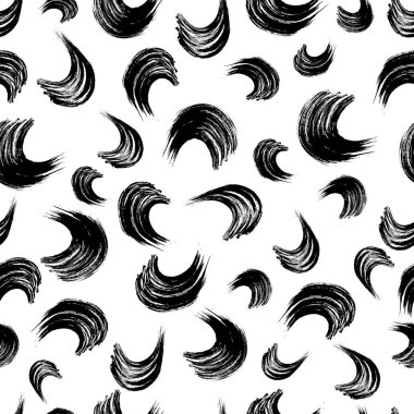 Seamless pattern with black wavy grunge brush strokes in abstract shapes on white background. Vector illustration