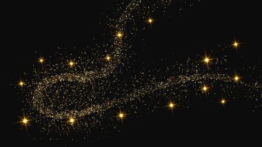 Altın parıldayan konfeti dalgası ve yıldız tozu. Koyu arkaplanda altın sihirli parıltılar olan üç fon seti. Vektör illüstrasyonu