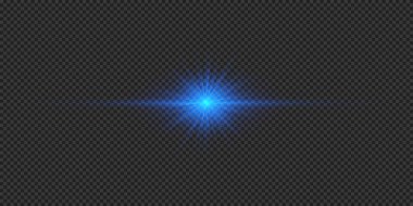 Lens fişeklerinin ışık etkisi. Gri şeffaf arkaplanda parıldayan mavi yatay ışık patlaması efekti. Vektör illüstrasyonu