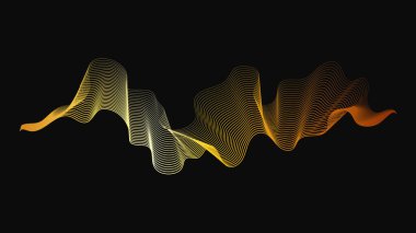 Karanlık arka planda lüks altın dalgaları olan soyut bir fon. Modern teknoloji arka planı, dalga tasarımı. Vektör illüstrasyonu