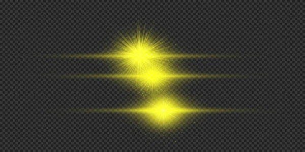 Ljuseffekt Linsbloss Tre Gula Horisontella Glödande Ljus Starburst Effekter Med — Stock vektor