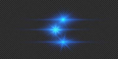 Lens fişeklerinin ışık etkisi. Gri şeffaf arkaplanda parıldayan üç mavi yatay ışık patlaması efekti. Vektör illüstrasyonu