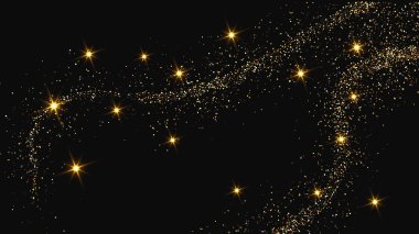 Altın parıldayan konfeti dalgası ve yıldız tozu. Koyu arkaplanda altın sihirli parıltılar olan üç fon seti. Vektör illüstrasyonu