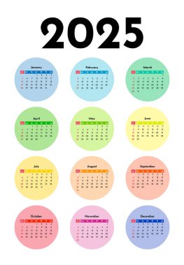 2025 takvimi beyaz arka planda izole edildi. Pazardan pazartesiye, iş planı. Vektör illüstrasyonu