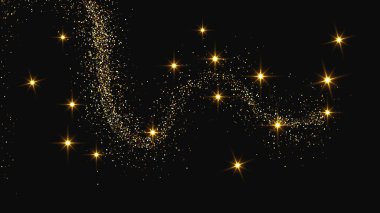 Altın parıldayan konfeti dalgası ve yıldız tozu. Koyu arkaplanda altın sihirli parıltılar olan üç fon seti. Vektör illüstrasyonu
