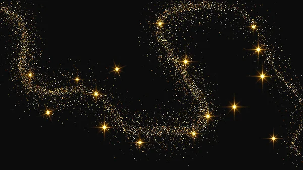 Altın parıldayan konfeti dalgası ve yıldız tozu. Koyu arkaplanda altın sihirli parıltılar olan üç fon seti. Vektör illüstrasyonu