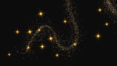Altın parıldayan konfeti dalgası ve yıldız tozu. Koyu arkaplanda altın sihirli parıltılar olan üç fon seti. Vektör illüstrasyonu