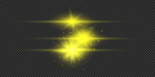 Light Effect Lens Flares Three Yellow Horizontal Glowing Light Starburst — Stock Vector