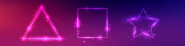 Набор Трех Неоновых Рам Сияющими Эффектами Блестками Темно Фиолетовом Фоне — стоковый вектор