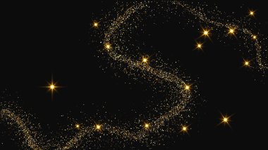 Altın parıldayan konfeti dalgası ve yıldız tozu. Koyu arkaplanda altın sihirli parıltılar olan üç fon seti. Vektör illüstrasyonu
