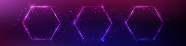 Parlak efektli üç neon altıgen çerçeve seti ve koyu mor arka planda parıltılar. Boş parlayan tekno fon. Vektör illüstrasyonu