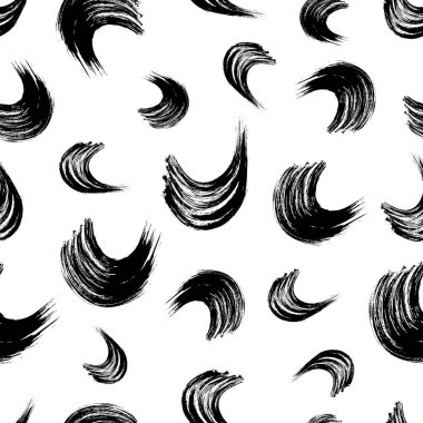 Seamless pattern with black wavy grunge brush strokes in abstract shapes on white background. Vector illustration