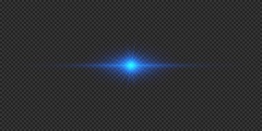 Lens fişeklerinin ışık etkisi. Gri şeffaf arkaplanda parıldayan mavi yatay ışık patlaması efekti. Vektör illüstrasyonu