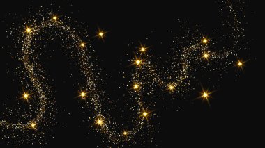 Altın parıldayan konfeti dalgası ve yıldız tozu. Koyu arkaplanda altın sihirli parıltılar olan üç fon seti. Vektör illüstrasyonu