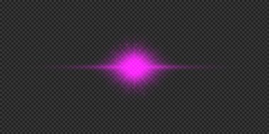 Lens fişeklerinin ışık etkisi. Mor yatay parlak ışık patlaması efekti. Gri şeffaf arkaplanda parıltılar var. Vektör illüstrasyonu