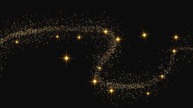 Altın parıldayan konfeti dalgası ve yıldız tozu. Koyu arkaplanda altın sihirli parıltılar olan üç fon seti. Vektör illüstrasyonu